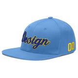 Custom Powder Blue Gold-Navy 3D Puff Embroidery Flat Embroidery Casual Sport Baseball Cap