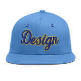 Custom Powder Blue Gold-Navy 3D Puff Embroidery Flat Embroidery Casual Sport Baseball Cap