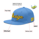 Custom Powder Blue Gold-Navy 3D Puff Embroidery Flat Embroidery Casual Sport Baseball Cap