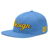 Custom Powder Blue Gold-Navy 3D Puff Embroidery Flat Embroidery Casual Sport Baseball Cap