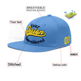 Custom Powder Blue Gold-Navy 3D Puff Embroidery Flat Embroidery Casual Sport Baseball Cap