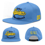 Custom Powder Blue Gold-Navy 3D Puff Embroidery Flat Embroidery Casual Sport Baseball Cap