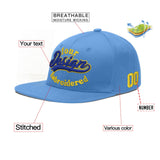 Custom Powder Blue Gold-Navy 3D Puff Embroidery Flat Embroidery Casual Sport Baseball Cap