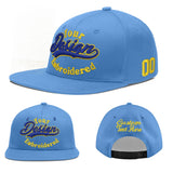 Custom Powder Blue Gold-Navy 3D Puff Embroidery Flat Embroidery Casual Sport Baseball Cap