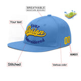 Custom Powder Blue Gold-Navy 3D Puff Embroidery Flat Embroidery Casual Sport Baseball Cap