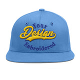 Custom Powder Blue Gold-Navy 3D Puff Embroidery Flat Embroidery Casual Sport Baseball Cap