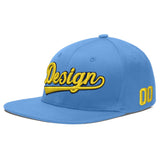 Custom Powder Blue Gold-Navy 3D Puff Embroidery Flat Embroidery Casual Sport Baseball Cap