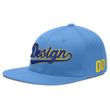 Custom Powder Blue Gold-Navy 3D Puff Embroidery Flat Embroidery Casual Sport Baseball Cap