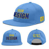 Custom Powder Blue Gold-Navy 3D Puff Embroidery Flat Embroidery Casual Sport Baseball Cap