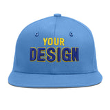 Custom Powder Blue Gold-Navy 3D Puff Embroidery Flat Embroidery Casual Sport Baseball Cap