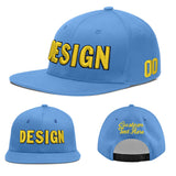 Custom Powder Blue Gold-Navy 3D Puff Embroidery Flat Embroidery Casual Sport Baseball Cap