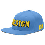 Custom Powder Blue Gold-Navy 3D Puff Embroidery Flat Embroidery Casual Sport Baseball Cap