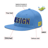 Custom Powder Blue Gold-Navy 3D Puff Embroidery Flat Embroidery Casual Sport Baseball Cap