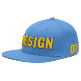 Custom Powder Blue Gold-Navy 3D Puff Embroidery Flat Embroidery Casual Sport Baseball Cap