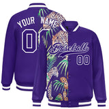 Custom Purple Varsity Full-Snap Flower Pattern Letterman Two Tone Split Fashion Jacket