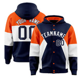 Custom Navy Orange-White Color Block Varsity Full-Snap Letterman Hoodie Jacket