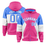 Custom Pink Powder Blue-White Color Block Varsity Full-Snap Letterman Hoodie Jacket