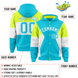 Custom Sky Blue Fluorescent Green-White Color Block Varsity Full-Snap Letterman Hoodie Jacket