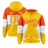 Custom Gold Orange-White Color Block Varsity Full-Snap Letterman Jacket Hoodie