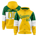 Custom Gold Kelly Green-White Color Block Varsity Full-Snap Letterman Jacket Hoodie