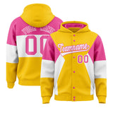 Custom Gold Pink-White Color Block Varsity Full-Snap Letterman Jacket Hoodie