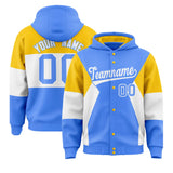 Custom Powder Blue Gold-White Color Block Varsity Full-Snap Letterman Jacket Hoodie