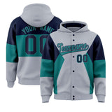 Custom Silver Navy-Aqua Color Block Varsity Full-Snap Letterman Jacket Hoodie