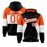 Custom Black Orange-White Color Block Varsity Full-Snap Letterman Jacket Hoodie