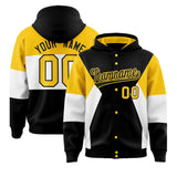 Custom Black Gold-White Color Block Varsity Full-Snap Letterman Jacket Hoodie
