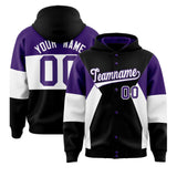 Custom Black Purple-White Color Block Varsity Full-Snap Letterman Jacket Hoodie