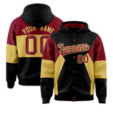 Custom Black Crimson-Khaki Color Block Varsity Full-Snap Letterman Jacket Hoodie