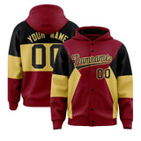 Custom Crimson Black-Khaki Color Block Varsity Full-Snap Letterman Jacket Hoodie