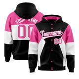 Custom Black Pink-White Color Block Varsity Full-Snap Letterman Jacket Hoodie