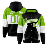 Custom Black Neon Green-White Color Block Varsity Full-Snap Letterman Jacket Hoodie