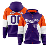 Custom Purple Orange-White Color Block Varsity Full-Snap Letterman Jacket Hoodie