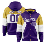 Custom Purple Old Gold-White Color Block Varsity Full-Snap Letterman Jacket Hoodie