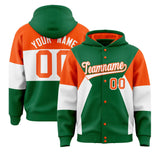 Custom Kelly Green Orange-White Color Block Varsity Full-Snap Letterman Jacket Hoodie