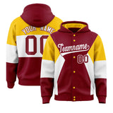 Custom Crimson Gold-White Color Block Varsity Full-Snap Letterman Jacket Hoodie