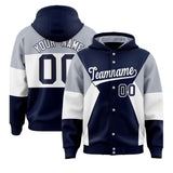 Custom Navy Silver-White Color Block Varsity Full-Snap Letterman Jacket Hoodie