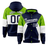 Custom Navy Neon Green-White Color Block Varsity Full-Snap Letterman Jacket Hoodie