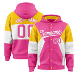 Custom Pink Gold-White Color Block Varsity Full-Snap Letterman Jacket Hoodie