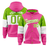 Custom Pink Neon Green-White Color Block Varsity Full-Snap Letterman Jacket Hoodie
