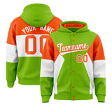 Custom Neon Green Orange-White Color Block Varsity Full-Snap Letterman Jacket Hoodie