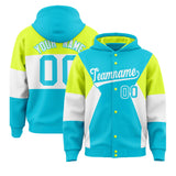 Custom Sky Blue Fluorescent Green-White Color Block Varsity Full-Snap Letterman Jacket Hoodie