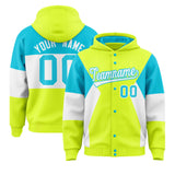Custom Fluorescent Green Sky Blue-White Color Block Varsity Full-Snap Letterman Jacket Hoodie