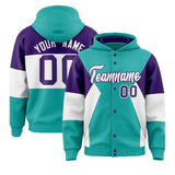 Custom Aqua Purple-White Color Block Varsity Full-Snap Letterman Hoodie Jacket