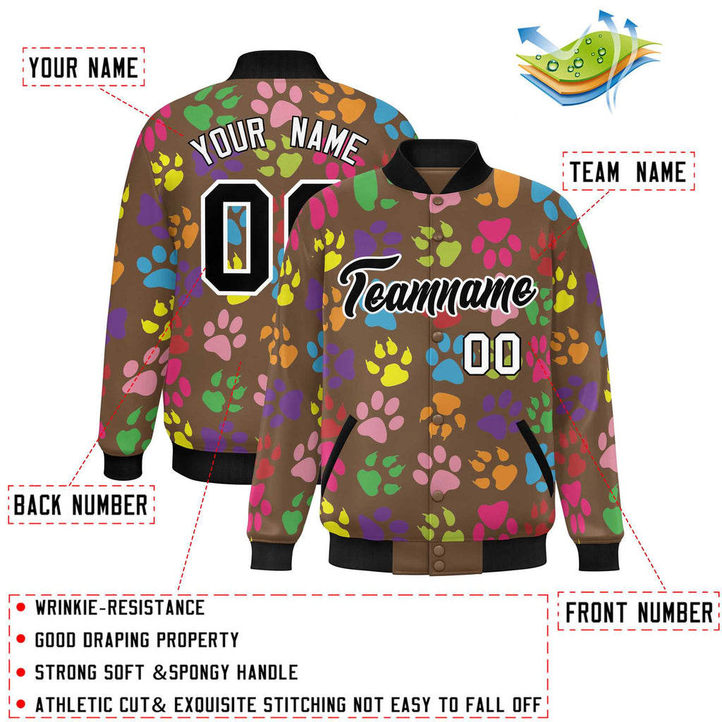 Custom Graffiti Pattern Pets Paw Prints Personalized Team Name Number Letterman Varsity Baseball Jacket