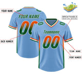 Custom Powder Blue Orange and Kelly Green Sides Gradient Fashion Personalized Team Football Jersey