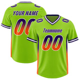 Custom Neon Green Purple and Orange Sides Gradient Fashion Personalized Team Football Jersey
