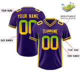 Custom Purple Neon Green and Gold Sides Gradient Fashion Personalized Team Football Jersey